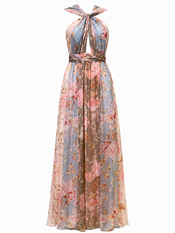 【新品DRESS 72】クロスホルターネックウエストカットフラワープリントフレアロングドレス ピンク【LIU JO】
